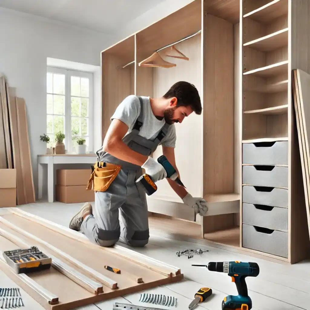 DALL·E 2024-10-25 18.49.44 – A detailed image of a skilled furniture assembly worker installing a large, modern wardrobe in a bright, organized room. The worker, dressed in a gray Mobilya Montaj Hizmeti