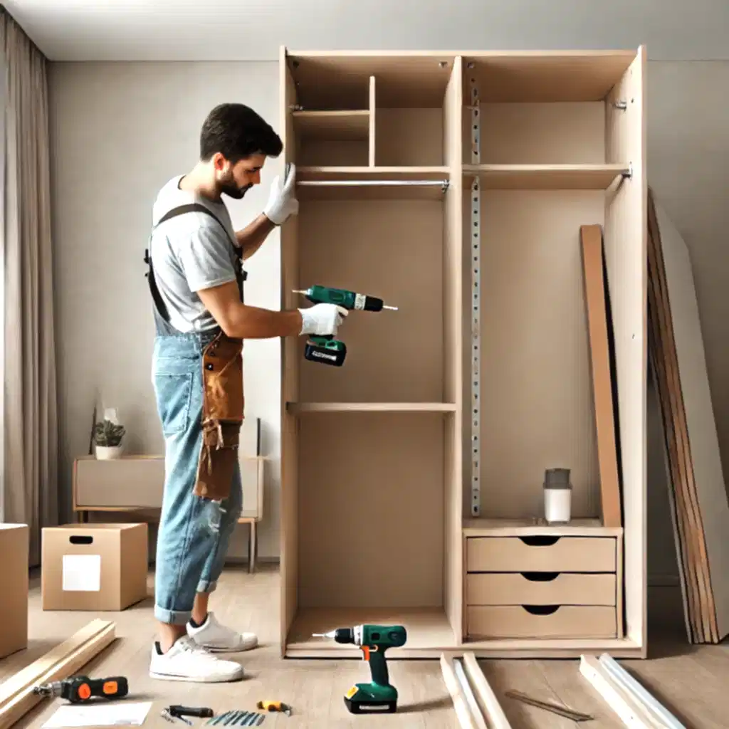 DALL·E 2024-10-25 18.47.06 – A skilled furniture assembly worker installing a modern, minimalist wardrobe in a well-lit room. The worker, wearing casual work attire and gloves, ca Kurulum Hizmeti